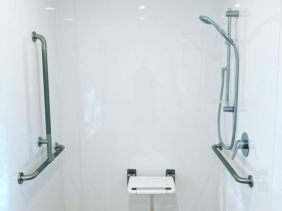 A white-lined accessible shower with a fold-down seat, a hand shower on a rail and grab rails on two walls.